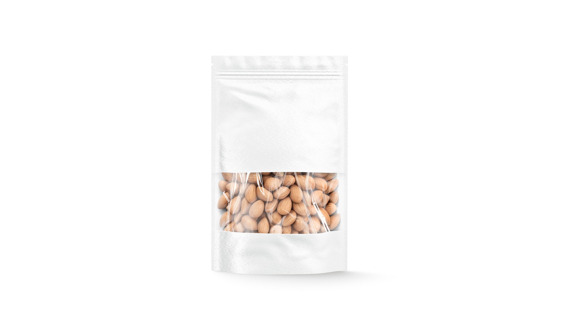 Blank white zipper pouch with nuts stand mockup, front view